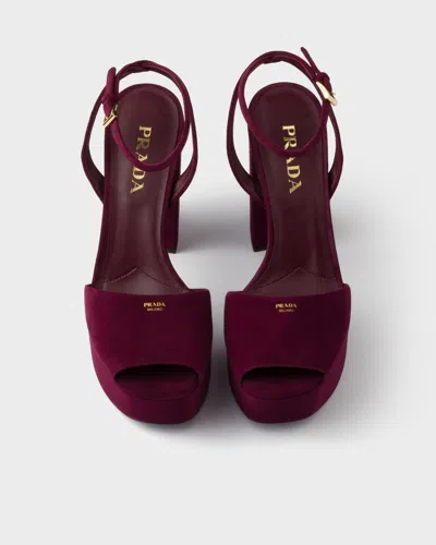 Prada Block Heel Open Toe Sandals With Suede Finish In Burgundy