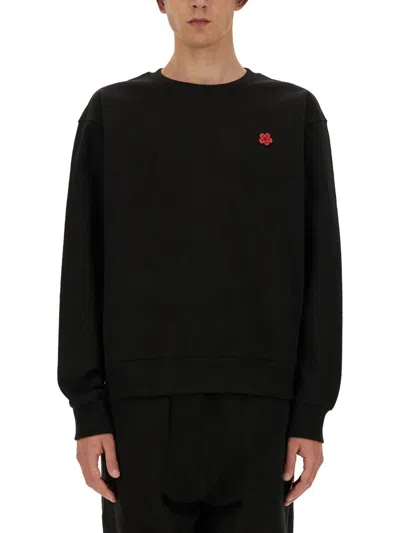 Kenzo Black Knit Jumper With Boke Flower Logo Patch On The Chest In Wool Man In Black