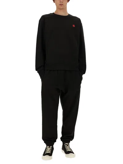 Kenzo Black Knit Jumper With Boke Flower Logo Patch On The Chest In Wool Man In Black