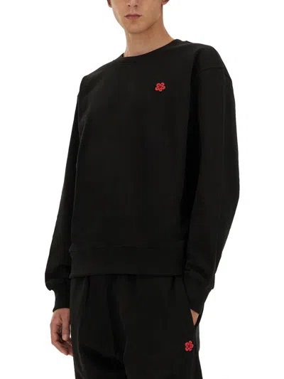 Kenzo Black Knit Jumper With Boke Flower Logo Patch On The Chest In Wool Man In Black
