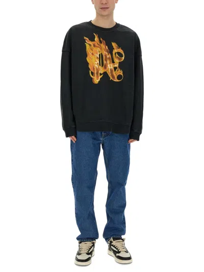 Palm Angels "burning Monogram" Print Sweatshirt In Black