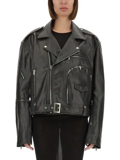 Rick Owens 'jumbo' Black Cropped Jacket With Notched Revers And Waist Belt In Leather Woman In Black