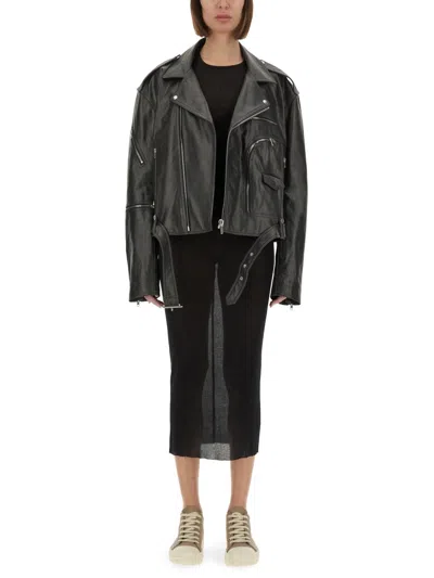 Rick Owens 'jumbo' Black Cropped Jacket With Notched Revers And Waist Belt In Leather Woman In Black