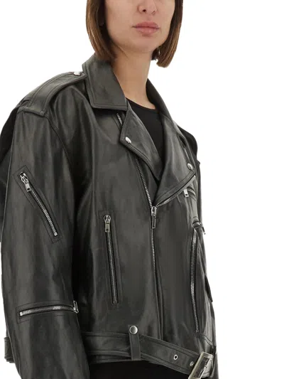 Rick Owens 'jumbo' Black Cropped Jacket With Notched Revers And Waist Belt In Leather Woman In Black