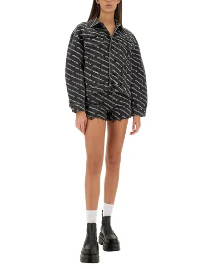 Alexander Wang Denim Jacket With All-over Logo In Black