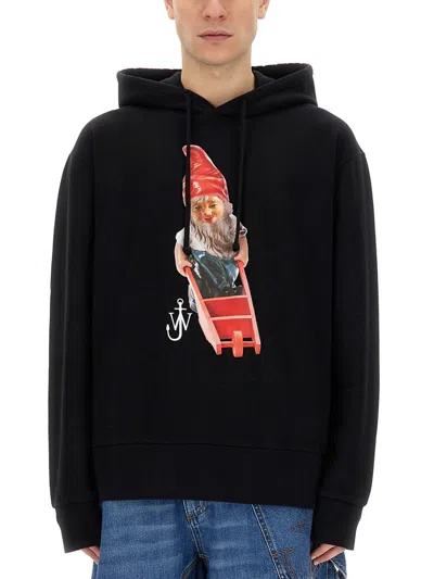 Jw Anderson Gnome Print Cotton Hoodie In Black