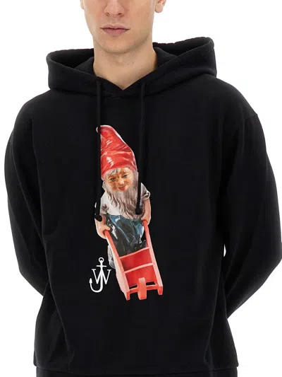Jw Anderson Gnome Print Cotton Hoodie In Black