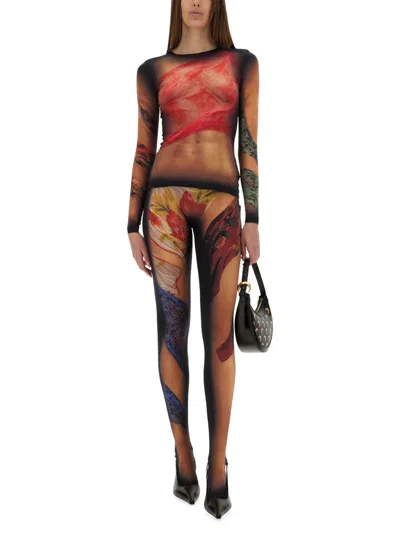 Marine Serre Draped Floral Print Sheer Trompe L'oeil Leggings In Multi