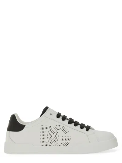 Dolce & Gabbana Portofino' White Low Top Sneakers With Perforated Logo In Leather In White
