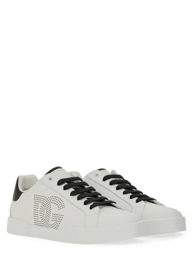 Dolce & Gabbana Portofino' White Low Top Sneakers With Perforated Logo In Leather In White