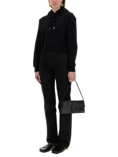 Jacquemus Le Hoodie Gros Grain Black Cropped Hoodie With Drawstring Hood And Logo Patch On The Front In Cotton In Black