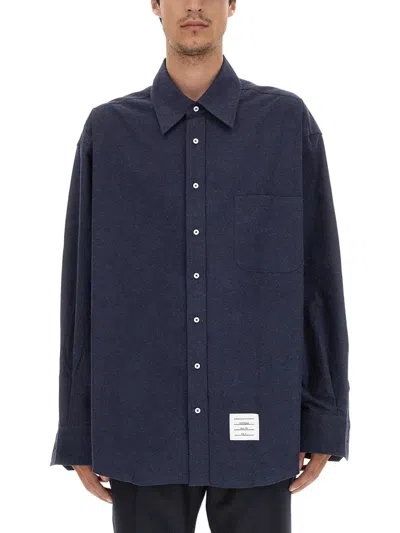 Thom Browne Oversize Long Sleeve Shirt With Pocket And Stripe Detail In Blue
