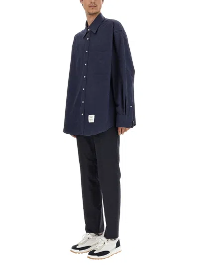 Thom Browne Oversize Long Sleeve Shirt With Pocket And Stripe Detail In Blue