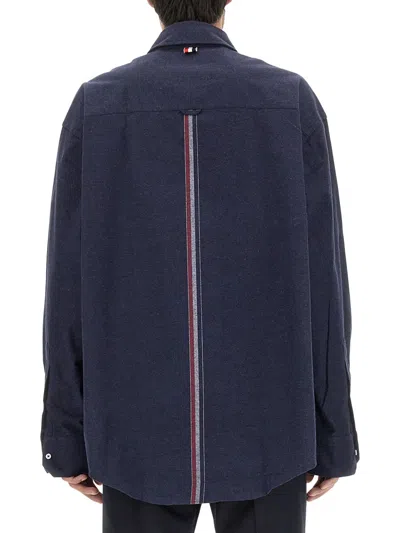 Thom Browne Oversize Long Sleeve Shirt With Pocket And Stripe Detail In Blue