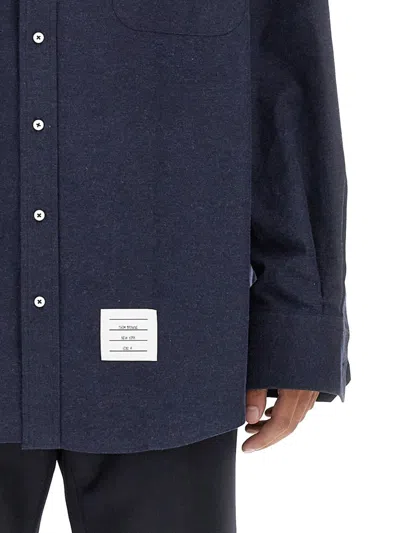 Thom Browne Oversize Long Sleeve Shirt With Pocket And Stripe Detail In Blue