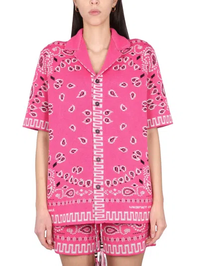 Alanui Knit Bandana Print Short Sleeve Top In Pink