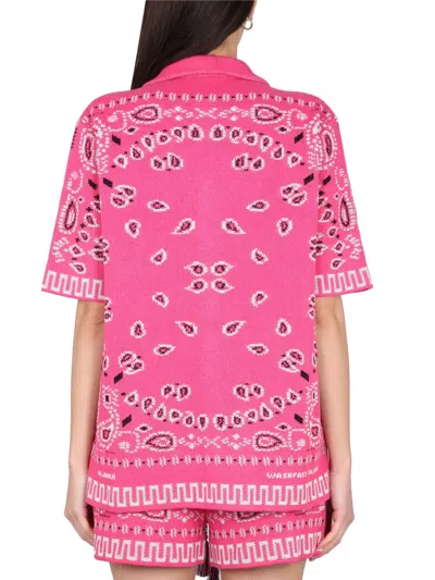 Alanui Knit Bandana Print Short Sleeve Top In Pink