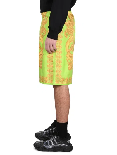 Versace Green And Gold Shorts With All-over Barrocco Print In Silk Man In Yellow