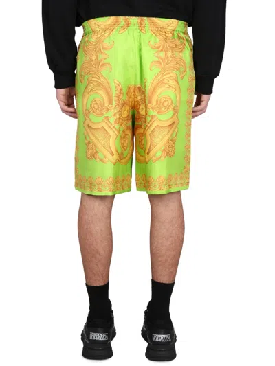 Versace Green And Gold Shorts With All-over Barrocco Print In Silk Man In Yellow