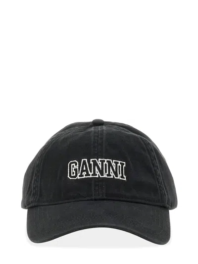 Ganni Womens Black Brand-embroidered Cotton-canvas Cap
