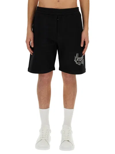 Alexander Mcqueen Alexander Mc Queen Black Bermuda Shorts With Distorted Logo In Black