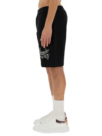 Alexander Mcqueen Alexander Mc Queen Black Bermuda Shorts With Distorted Logo In Black
