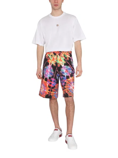 Dolce & Gabbana Multicolor Bermuda Shorts With All-over Hawaiian Print And Drawstrig In Silk Man In Multi