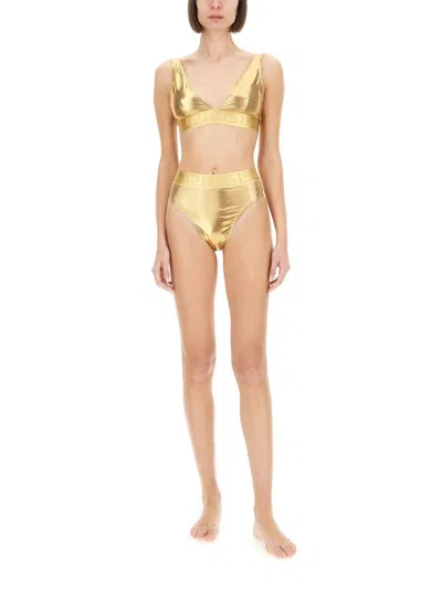Versace Greca Border Bikini Bottoms With Metallic Finish In Gold