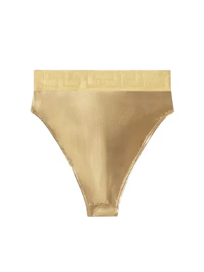 Versace Greca Border Bikini Bottoms With Metallic Finish In Gold