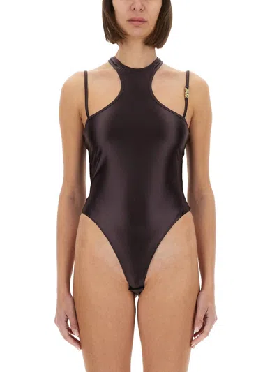 Versace Jeans Couture Racerback Bodysuit Metallic Hardware Straps In Brown