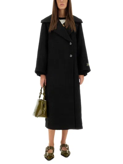 Ganni Double-face Wool Lace-up Coat Phantom In Black