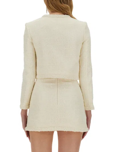 Self-portrait White Crewneck Jacket With Sequin And Faux-pearls Embellishments In White