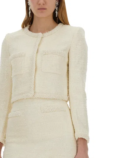 Self-portrait White Crewneck Jacket With Sequin And Faux-pearls Embellishments In White