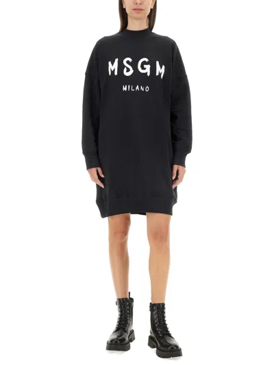 Msgm Brushed Detail Logo Dress In Black