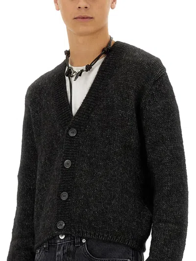 Our Legacy Textured V-neck Cardigan With Button-down Front In Black