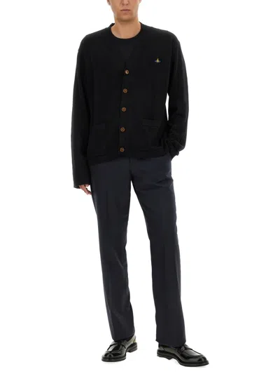 Vivienne Westwood Black V Neck Cardigan With Orb Embroidery In Cotton And Cashmere In Black