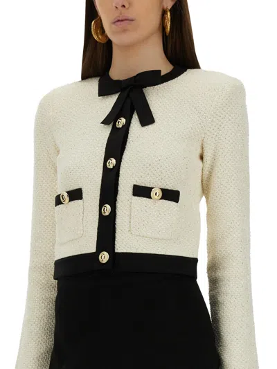 Self-portrait Cardigan With Bow And Sequins In Neutral