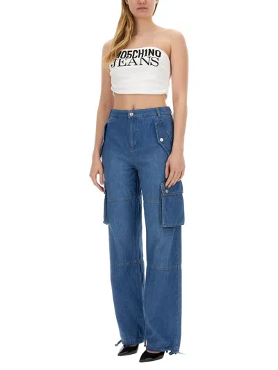 Moschino Wide Leg Cargo Trousers With Drawstring Hem In Blue
