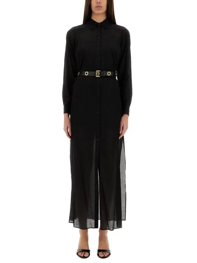 Michael Kors Black Long Dress With Classic Collar And Waist Belt In Black