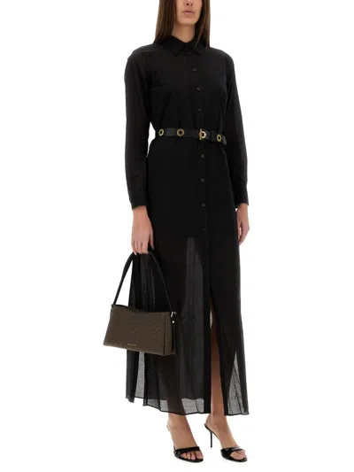 Michael Kors Black Long Dress With Classic Collar And Waist Belt In Black