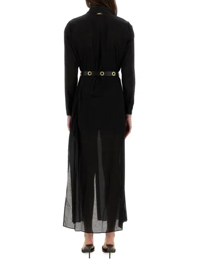 Michael Kors Black Long Dress With Classic Collar And Waist Belt In Black