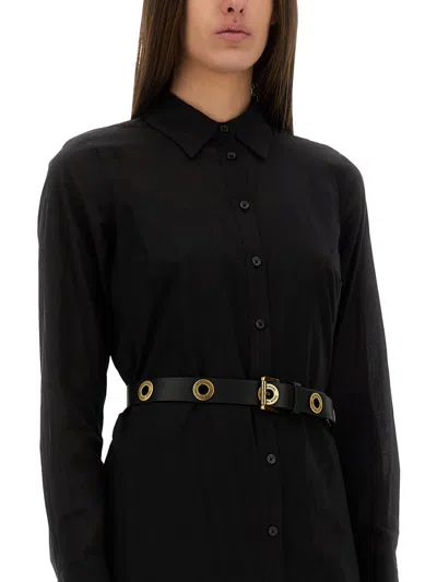 Michael Kors Black Long Dress With Classic Collar And Waist Belt In Black