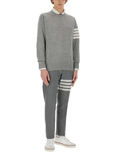 Thom Browne Wool Crew Neck Sweater With Striped Arm Detail In Gray