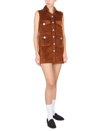 Cormio Ribbed Texture Dress Front Pockets In Brown