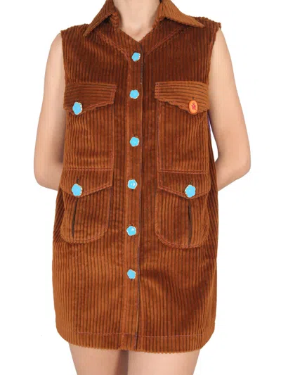 Cormio Ribbed Texture Dress Front Pockets In Brown