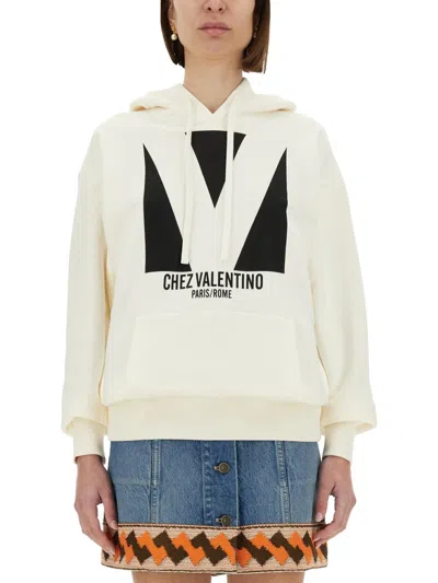 Valentino Ivory Cotton Hoodie With Large Logo In White