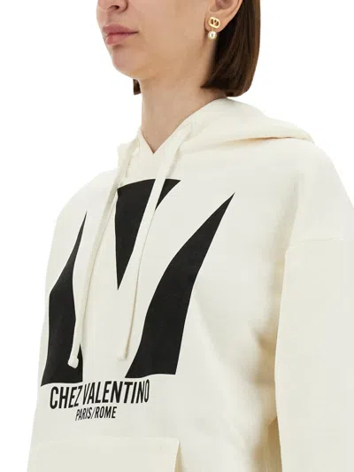 Valentino Ivory Cotton Hoodie With Large Logo In White
