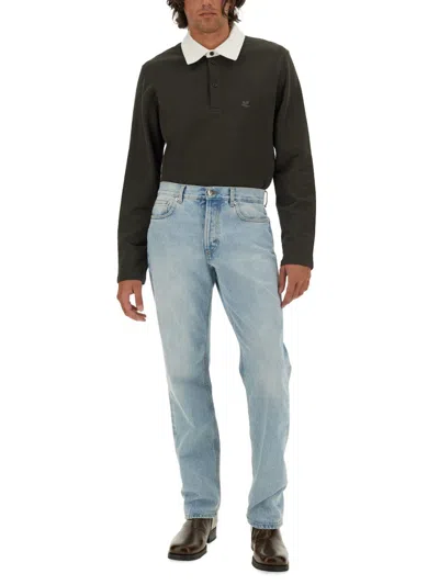 Courrèges Long-sleeved Cotton Polo With Contrasting Collar In Green