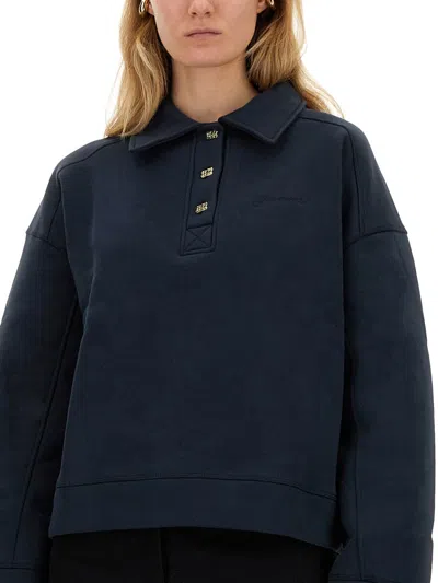 Ganni Heavy Fleece Drop Shoulder Polo Shirt In Blue