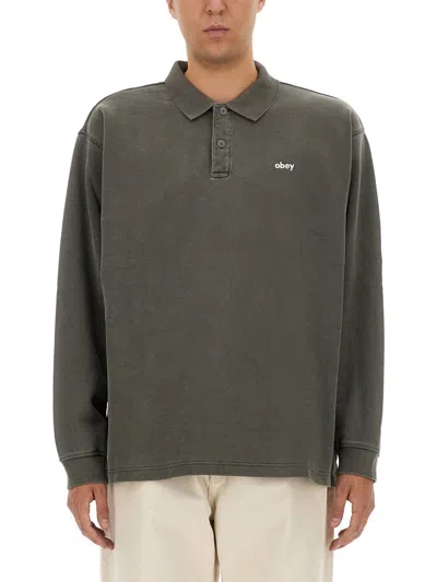 Obey Lowercase Pigment Men's Long Sleeve Polo Pigment Digital Black Polo In Gray